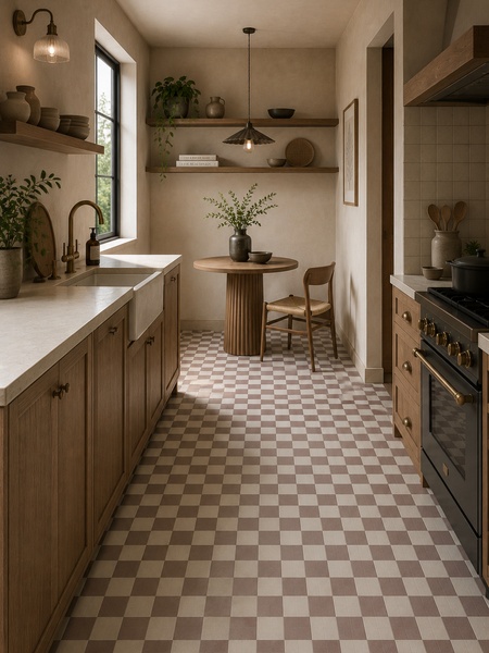 Cocina de estilo mediterráneo con suelo de mosaico Makai Burdeos 20x20 cm en diseño ajedrezado burdeos y blanco combinado con muebles de madera natural