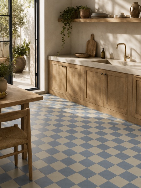 Pavimento Gres Porcelánico Makai Celeste 20x20 cm Efecto Hidráulico. 3 Cocina de estilo mediterráneo con suelo de mosaico Makai Celeste 20x20 cm en diseño ajedrezado azul celeste y beige