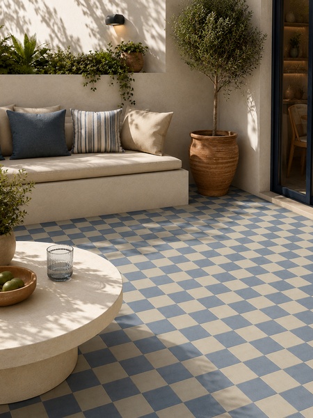 Terraza de estilo mediterráneo con suelo de mosaico Makai Celeste 20x20 cm en diseño ajedrezado azul celeste y beige