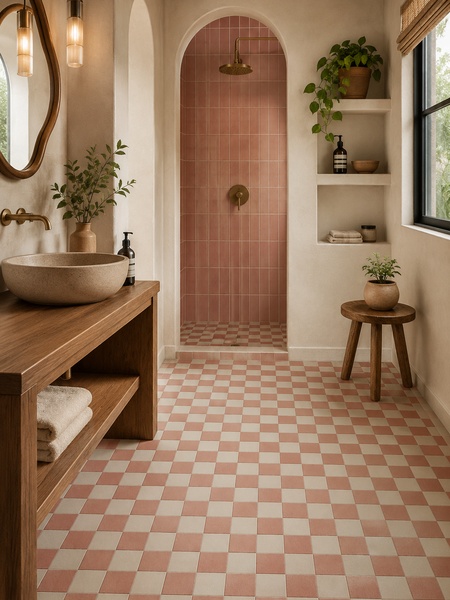 Baño de estilo mediterráneo con mosaico Makai Coral 20x20 cm en suelo ajedrezado coral y blanco y ducha revestida en tonos rosados