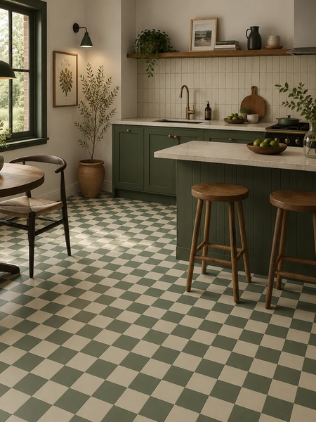Cocina de estilo rústico contemporáneo con suelo de mosaico Makai Turquesa 20x20 cm en tonos verde agua y beige
