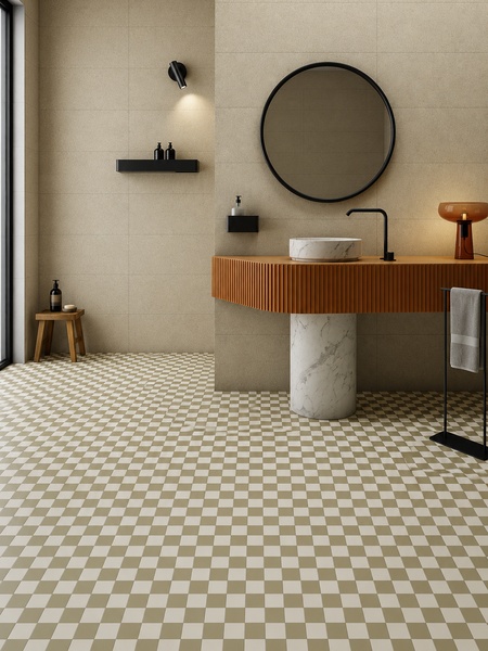 Baño contemporáneo con suelo de mosaico Makai Verde 20x20 cm en diseño ajedrezado verde oliva y beige