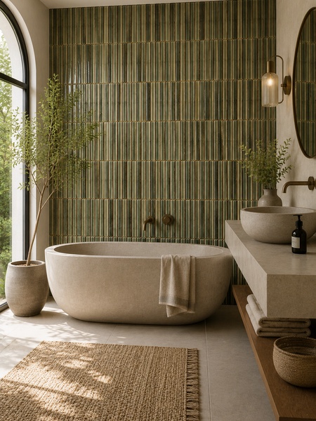 Baño moderno con Mosaico Nalu Jade 23x33,5 cm en pared de ducha y bañera exenta con acabado cerámico verde brillante