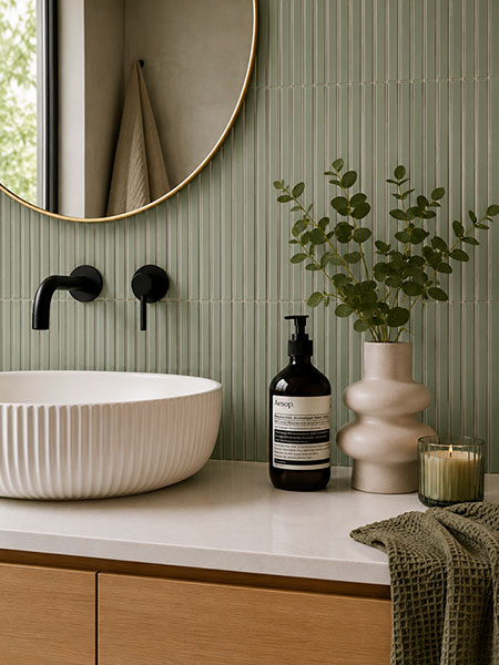 Revestimiento Waikiki Turquesa-B Brillo 23x33,5 cm pasta blanca (1 m2/cj) 3 Baño moderno revestido con azulejo porcelánico verde acanalado, lavabo blanco y grifería negra.