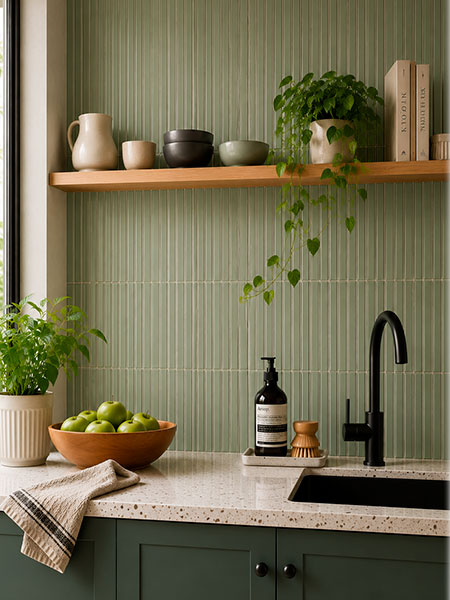 Cocina moderna con azulejo porcelánico verde acanalado en pared, muebles verdes y encimera clara.
