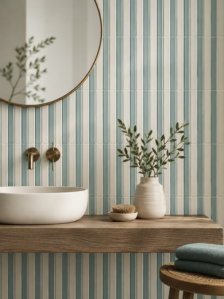 Baño moderno con revestimiento Stick Kaimu Celeste-M 2x23 cm en composición vertical celeste y blanco, lavabo sobre encimera de madera y espejo redondo