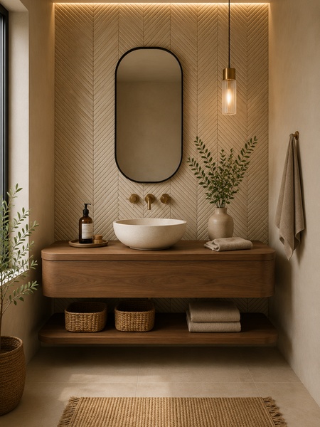 Baño moderno con revestimiento Stick Maui Arena 2x23 cm G.23 colocado en espiga en color arena detrás del lavabo