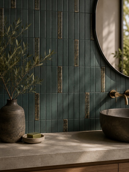 Baño moderno con revestimiento cerámico verde jade y Stick Nalu Jade 2x23 cm como detalle decorativo vertical de efecto artesanal