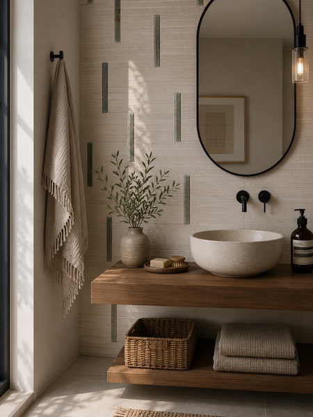 Baño moderno revestido con Stick Nalu Marino 2x23 cm G.23 en acabado cerámico decorativo de tono azul verdoso