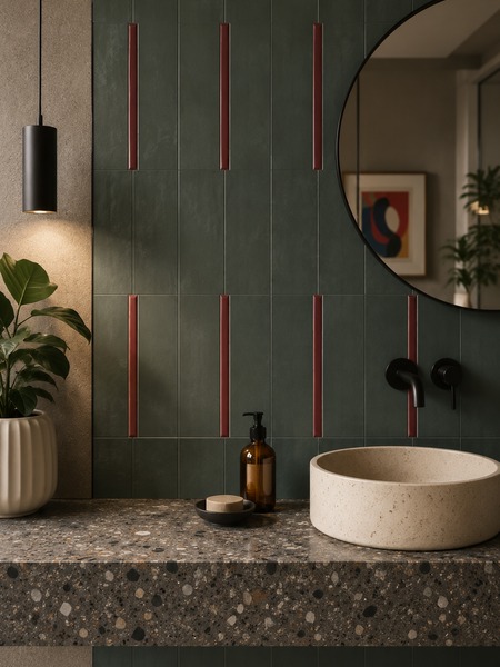 Baño contemporáneo con revestimiento cerámico verde y detalles decorativos Stick Waikiki Burdeos-B 2x23 cm en pared