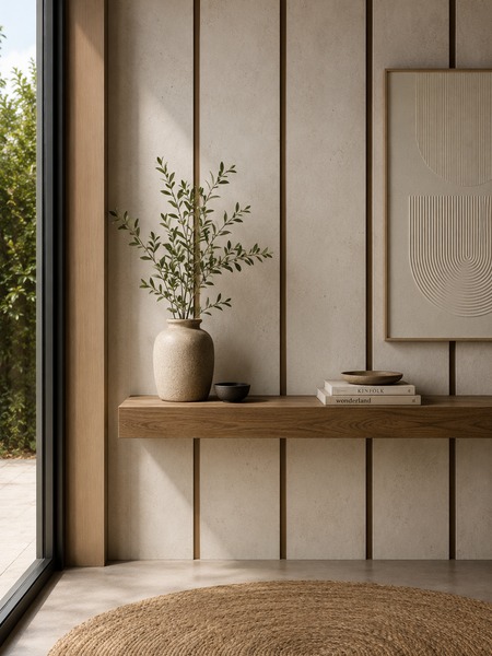 Revestimiento cerámico efecto piedra con detalles verticales Stick Waikiki Marrón-B 2x23 cm en espacio de interiorismo contemporáneo