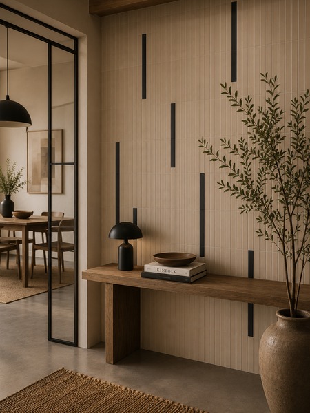 Pared decorativa de recibidor con Stick Waikiki Negro-B 2x23 cm sobre revestimiento cerámico beige de líneas verticales
