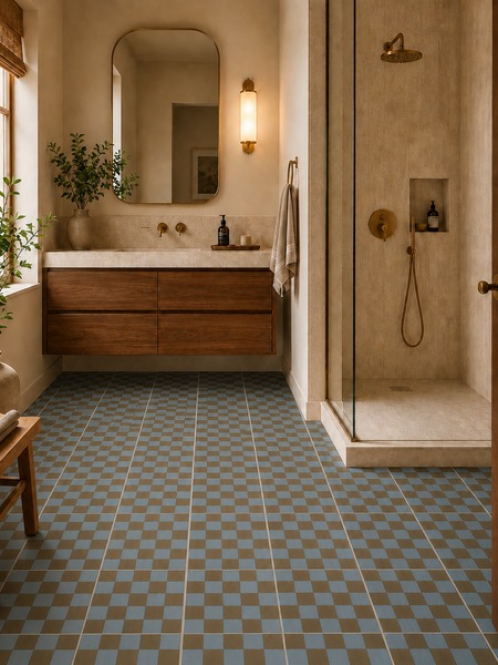 Baño moderno con pavimento damero Kalia Celeste Marrón 20x20 cm en tonos celeste y marrón, combinado con mueble suspendido de madera y acabados en latón