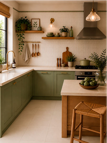 Cocina moderna con pared revestida en azulejo de pasta blanca Kaimu crema mate 23x33,5 cm.
