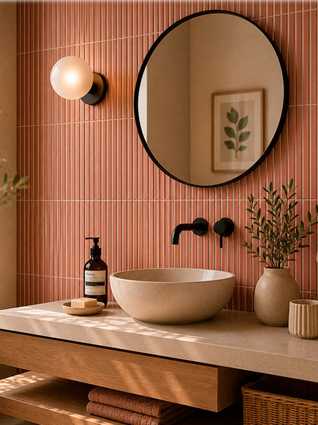 Azulejo de Pasta Blanca Kaimu Coral-M Mate 23x33,5 cm (1 m2/cj) 3 Baño moderno con pared revestida en azulejo de pasta blanca Kaimu coral mate 23x33,5 cm.