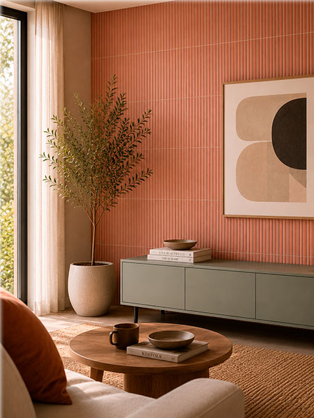 Azulejo de Pasta Blanca Kaimu Coral-M Mate 23x33,5 cm (1 m2/cj) 5 Salón moderno con pared revestida en azulejo de pasta blanca Kaimu coral mate 23x33,5 cm.