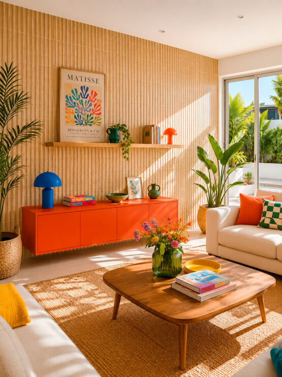 Salón contemporáneo con pared decorativa de revestimiento porcelánico efecto listón beige y mueble suspendido rojo.