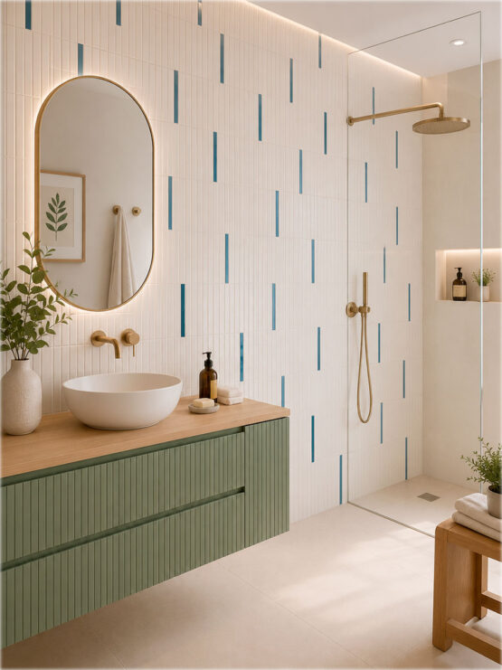 Baño moderno con azulejo blanco mate Kaimu 23x33,5 cm y Stick Kaimu azul brillo en la pared.