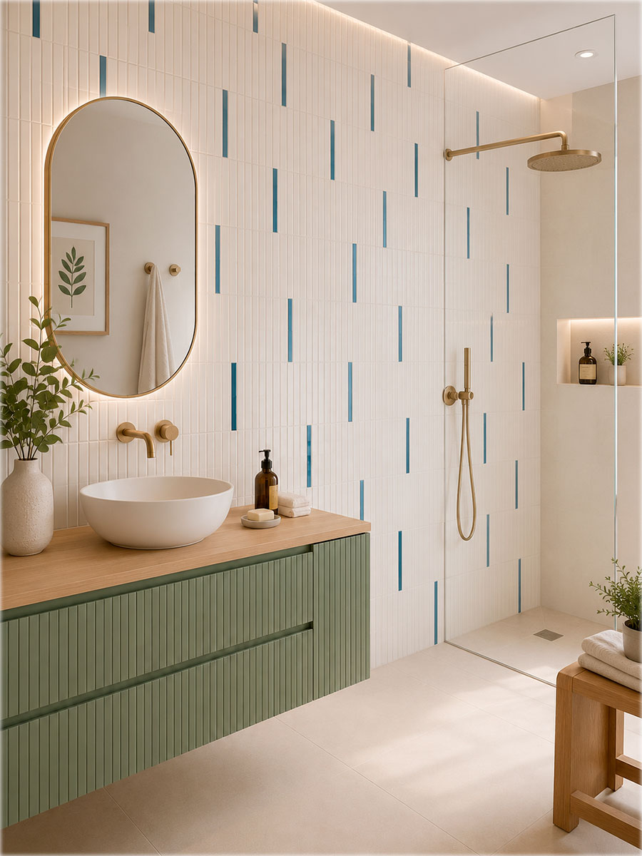 Azulejo Stick Kaimu Azul-M 2x23 cm pasta blanca venta por piezas 1 Baño moderno con azulejo blanco mate Kaimu 23x33,5 cm y Stick Kaimu azul brillo en la pared.