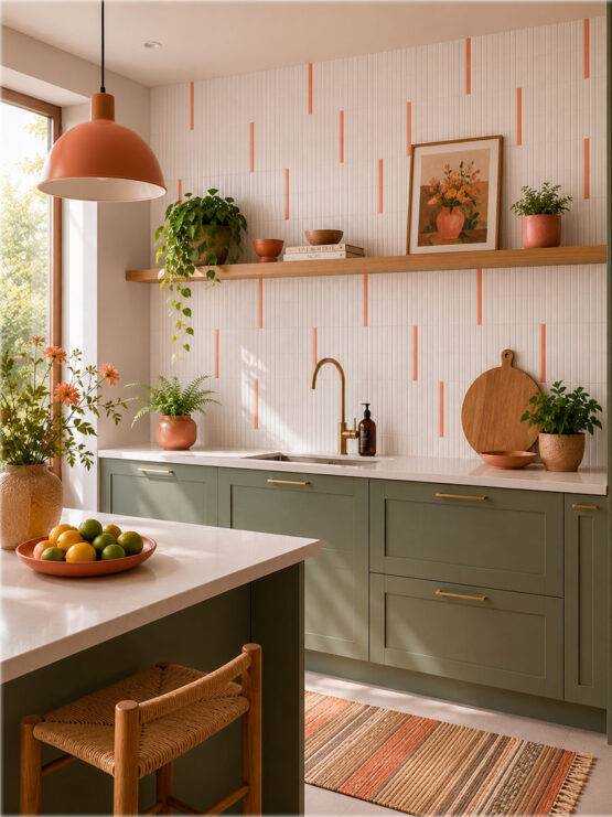 Cocina moderna con azulejo blanco mate Kaimu y Stick coral brillo como detalle decorativo vertical.