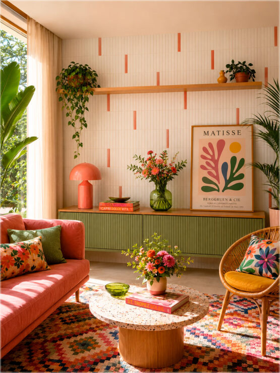 Salón contemporáneo con azulejo blanco mate Kaimu y Stick coral brillo decorando la pared.