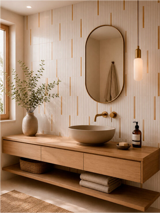 Baño moderno con azulejo blanco mate Kaimu y Stick mostaza brillo como elemento protagonista.