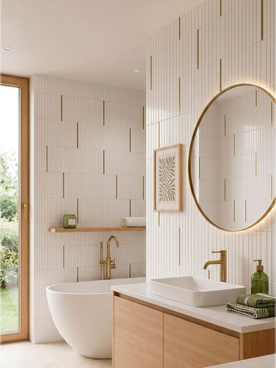 Baño elegante con revestimiento Kaimu blanco mate y Stick mostaza brillo.