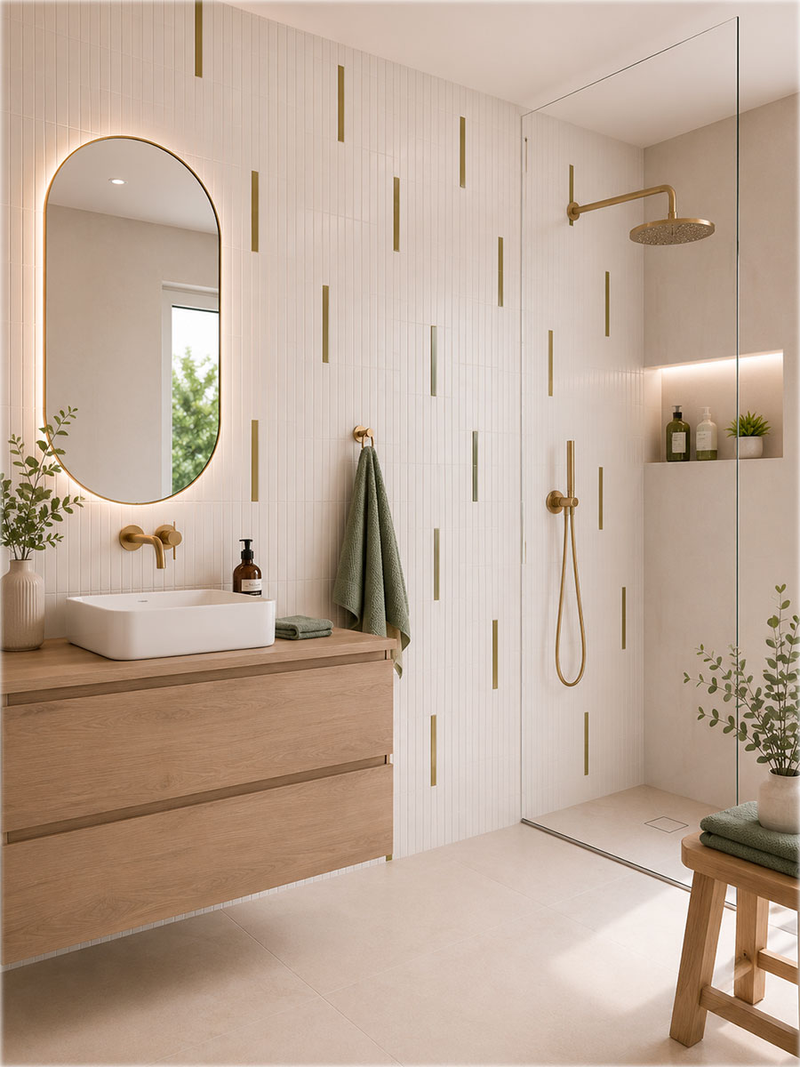 Azulejo Stick Kaimu Verde-M 2x23 cm pasta blanca venta por piezas 4 Baño moderno con azulejo blanco mate Kaimu 23x33,5 cm y Stick Kaimu verde brillo en la pared.