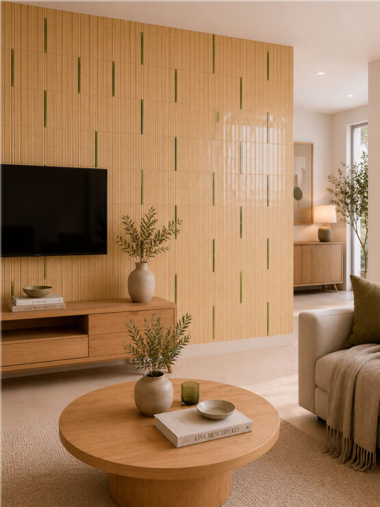Salón moderno con azulejo crema mate Kaimu 23x33,5 cm y Stick Kaimu verde brillo como detalle decorativo.