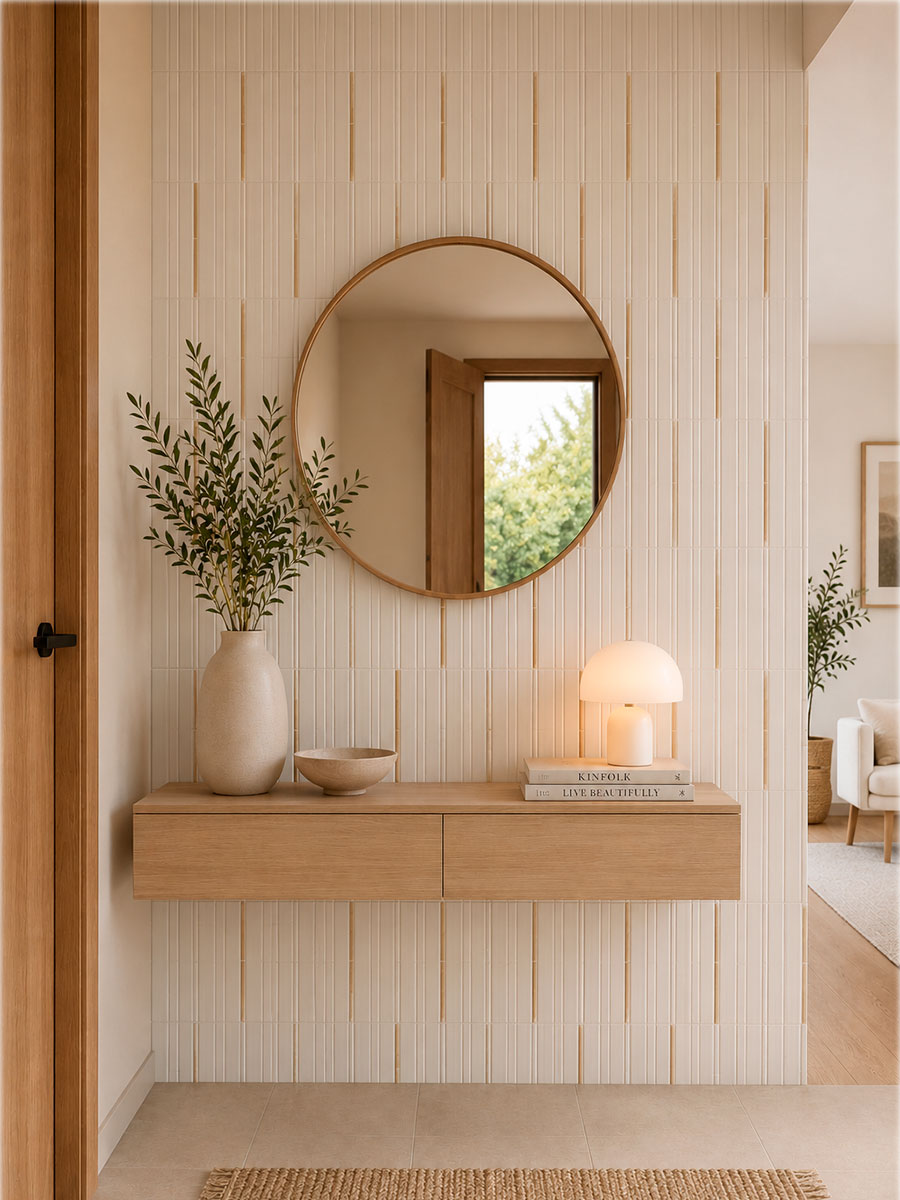 Azulejo Stick Maui Arena 2x23 cm pasta blanca venta por piezas. 3 Recibidor elegante con pared revestida en porcelánico blanco de relieve lineal, consola suspendida de madera y espejo redondo.