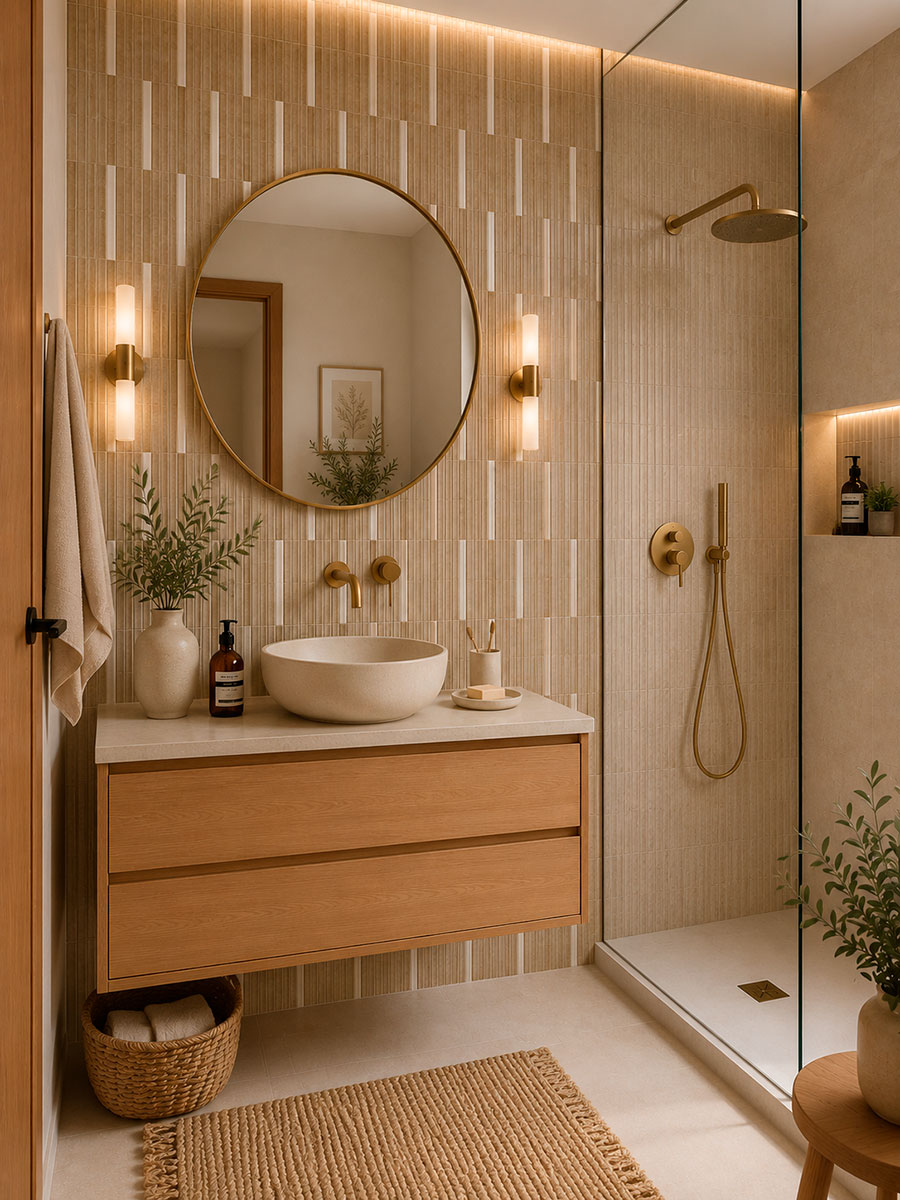 Azulejo Stick Maui Arena 2x23 cm pasta blanca venta por piezas. 8 Baño moderno con ducha de obra revestida en porcelánico blanco de relieve lineal y detalles decorativos dorados.