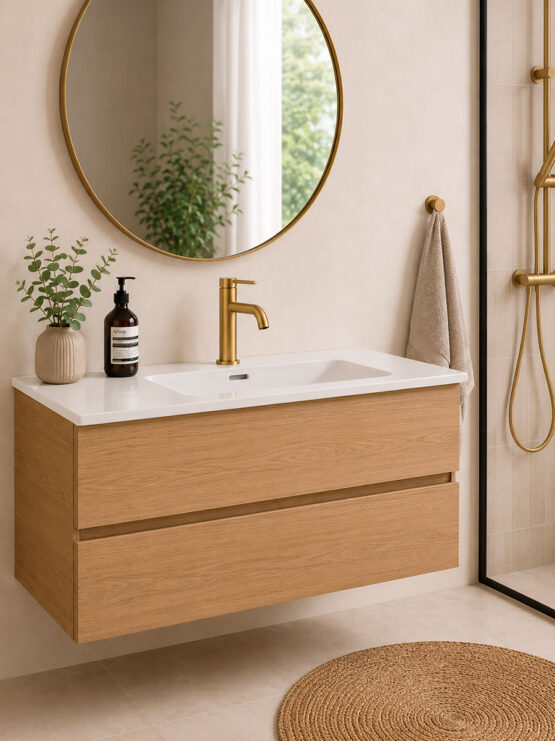 Mueble de baño suspendido acabado madera natural con lavabo integrado blanco, grifo monomando dorado y espejo redondo en baño de estilo moderno.