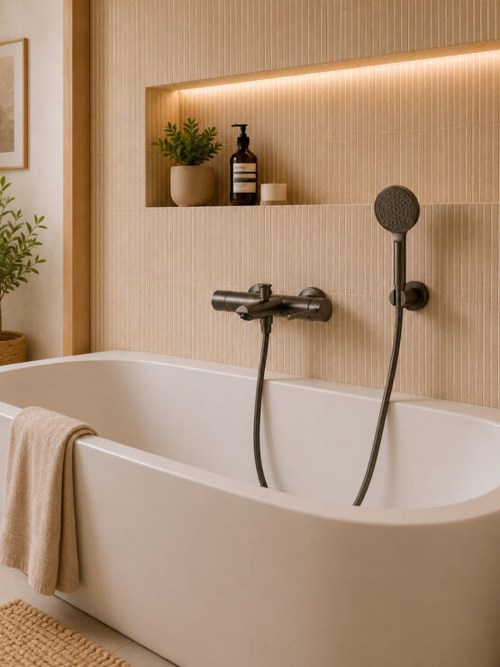 Grifo monomando para bañera en acabado negro mate con ducha de mano instalado en un baño moderno con revestimiento porcelánico beige.