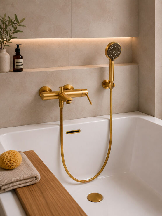 Grifo monomando para bañera en acabado dorado cepillado con ducha de mano, flexo metálico y montaje mural en baño moderno.