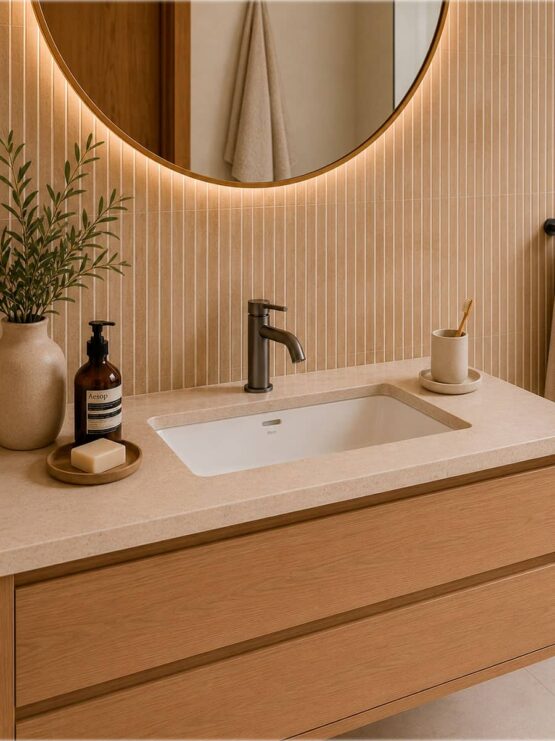 Grifo monomando de lavabo en acabado negro mate instalado sobre encimera de baño con revestimiento cerámico de relieve lineal.