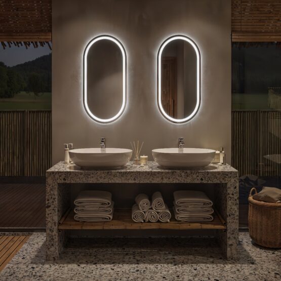 Espejo de baño ovalado Branas con arenado interno de 20 mm y luz LED frontal y ambiental