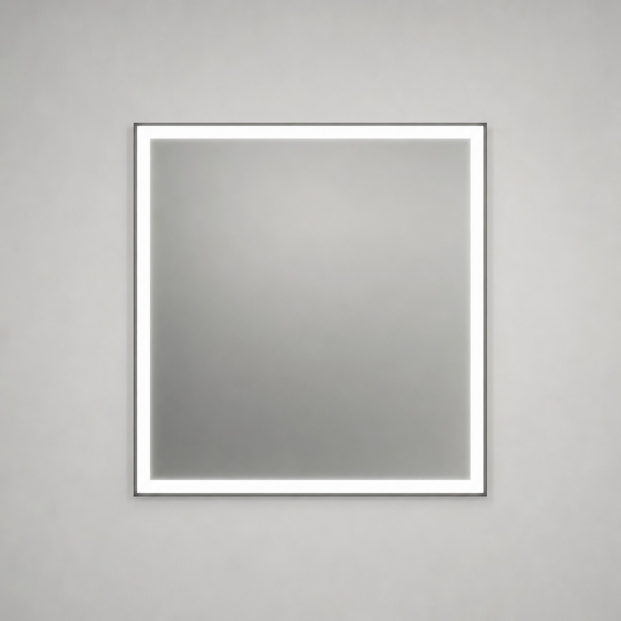 Espejo de baño Draco 80x80 cm con marco termoplástico aluminio 3x22 mm y luz frontal Neutra. 1 Espejo de baño Draco 80x80 cm cuadrado con marco termoplástico aluminio y luz frontal encendida