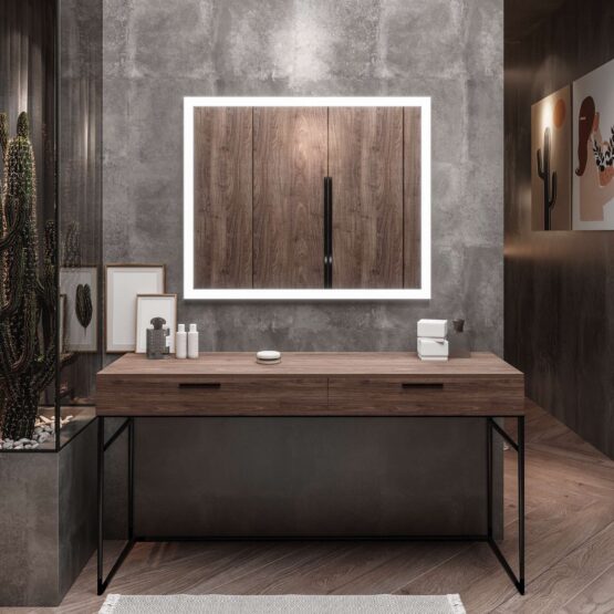 Espejo de baño Draco con marco termoplástico color aluminio y luz LED frontal encendida sobre tocador