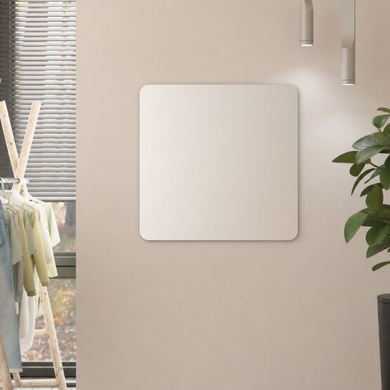 Espejo de bano Liso CR cuadrado con cantos redondeados colgado en pared beige