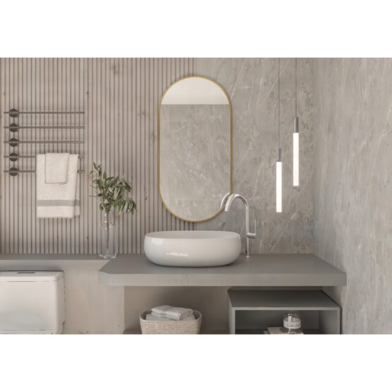 Espejo de baño Freya NOL sin luz con marco dorado sobre lavabo