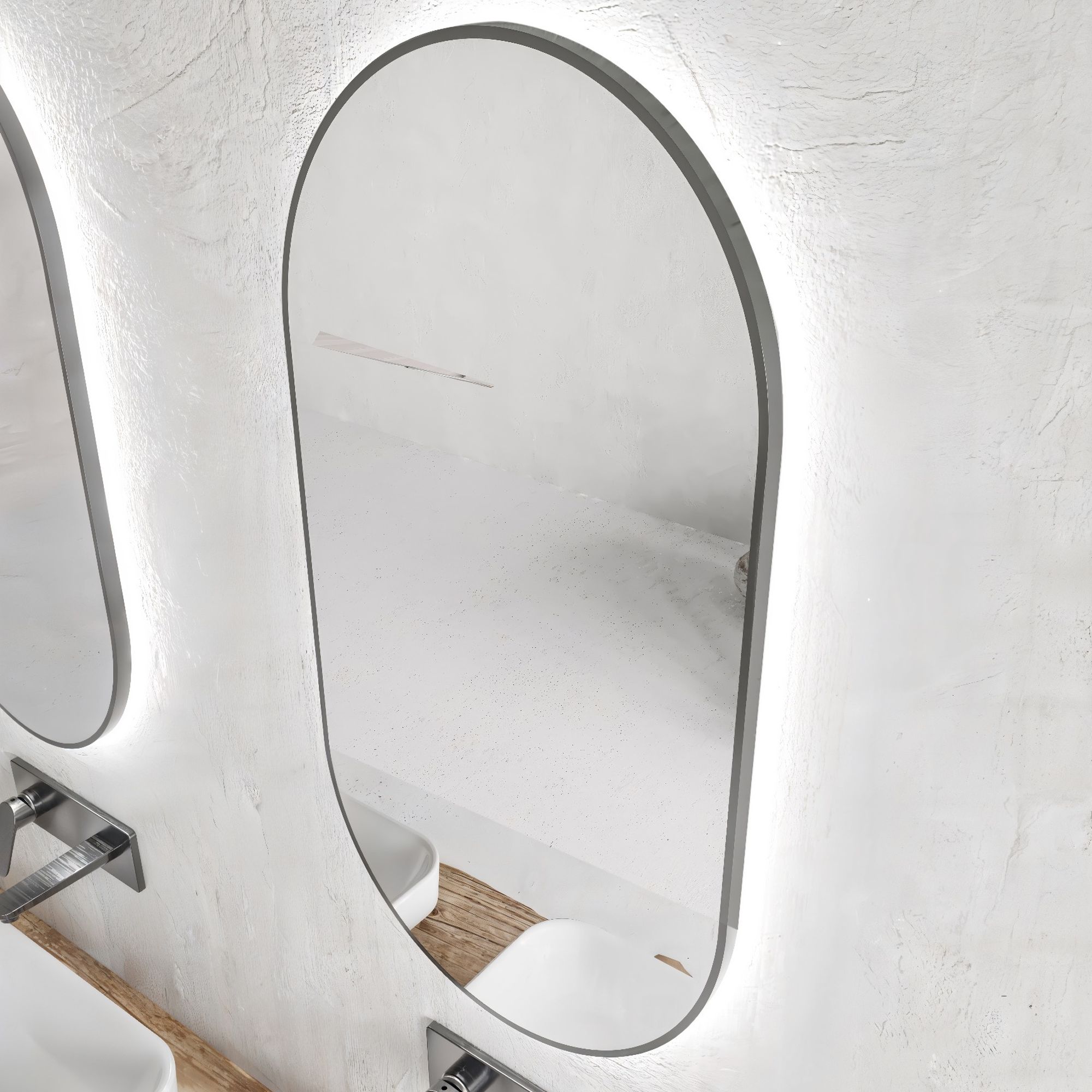 Espejo de baño Seul marco negro 50x90 cm Doble TOUCH para luz bi-led (3 tonos de luz en el mismo espejo) y antivaho. 3 Detalle del marco metalico negro de 7x20 mm del espejo Seul con luz ambiental