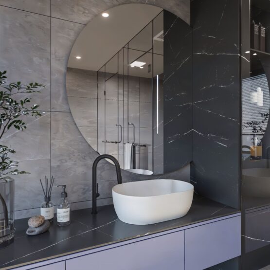 Espejo de baño semicircular Zion NOL 100x80 cm sin luz sobre lavabo, baño con marmol oscuro