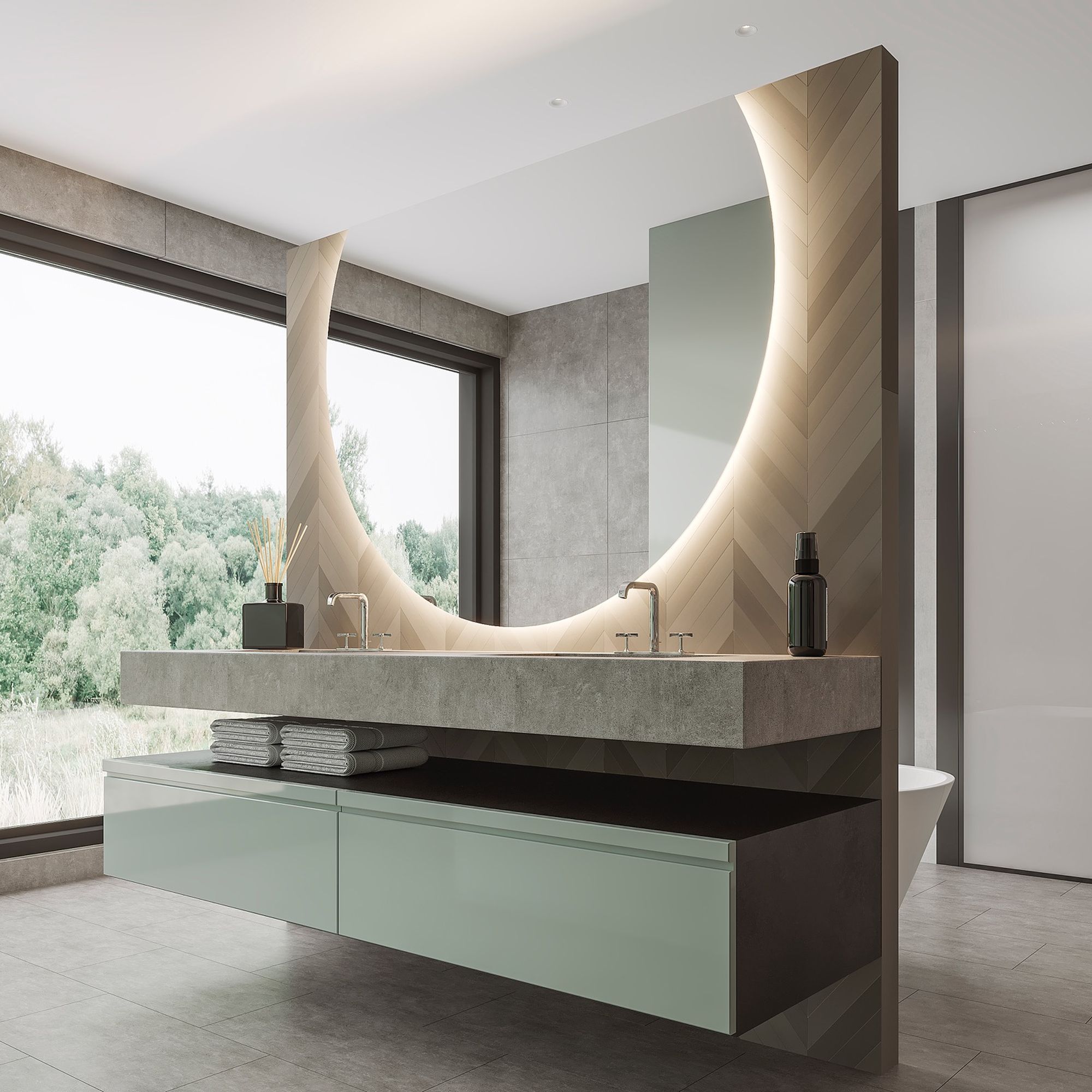 Espejo de baño semicircular Zion 100x80 cm con luz ambiental Neutra en su parte curva. 2 Espejo de baño semicircular Zion 100x80 cm con luz ambiental en la parte curva, instalado en un baño moderno