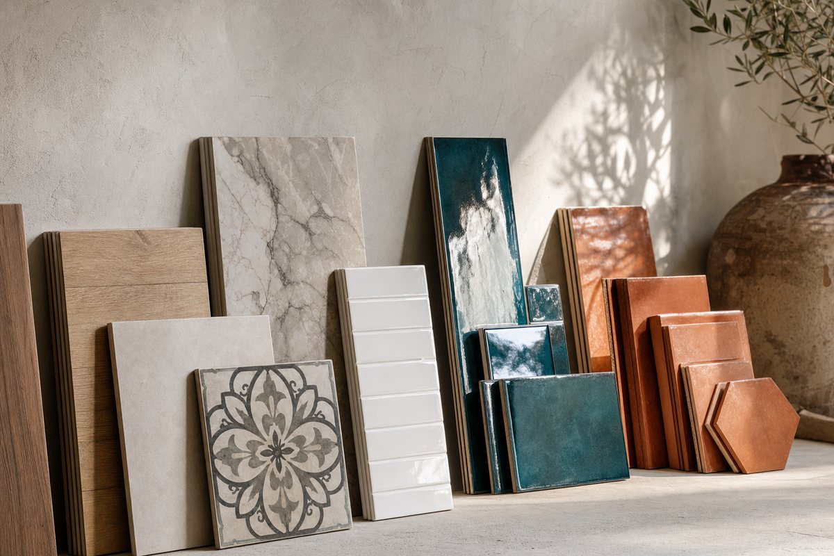 Las 10 mejores tiendas de azulejos online de España (2026) 1 Selección de azulejos de distintos estilos apoyados contra una pared, como quien compara opciones antes de elegir tienda