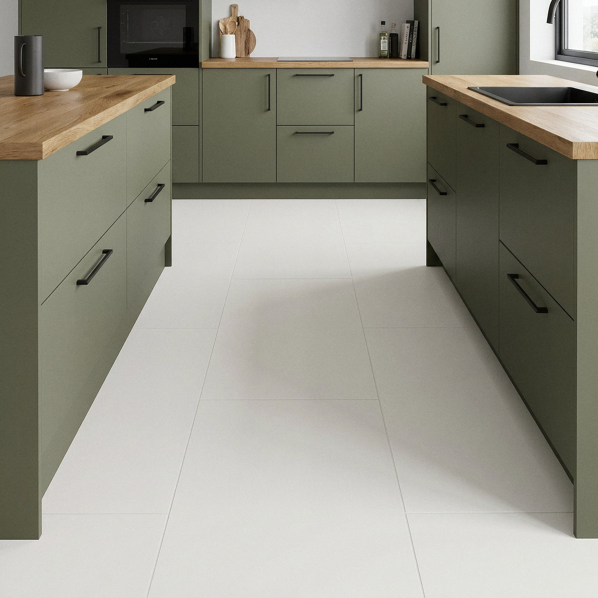 Pavimento porcelánico blanco rectificado Manley 60x120 cm (1.44 m2/cj) 1 Cocina de muebles verde oliva con suelo de porcelánico blanco Manley 60x120 cm