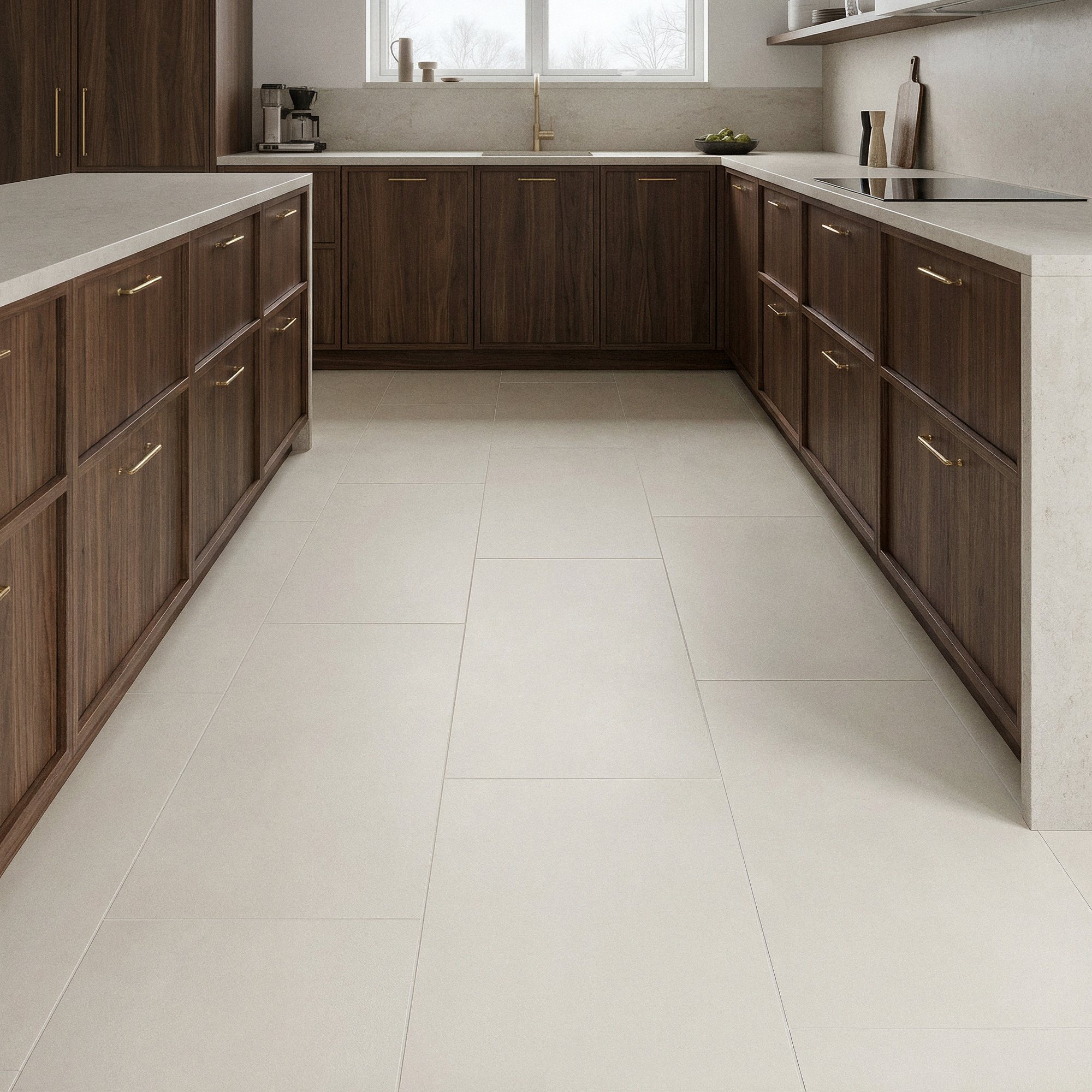 Pavimento porcelánico marfil rectificado Manley 60x120 cm (1.44 m2/cj) 1 Cocina de nogal con suelo de porcelánico marfil Manley 60x120 cm de gran formato