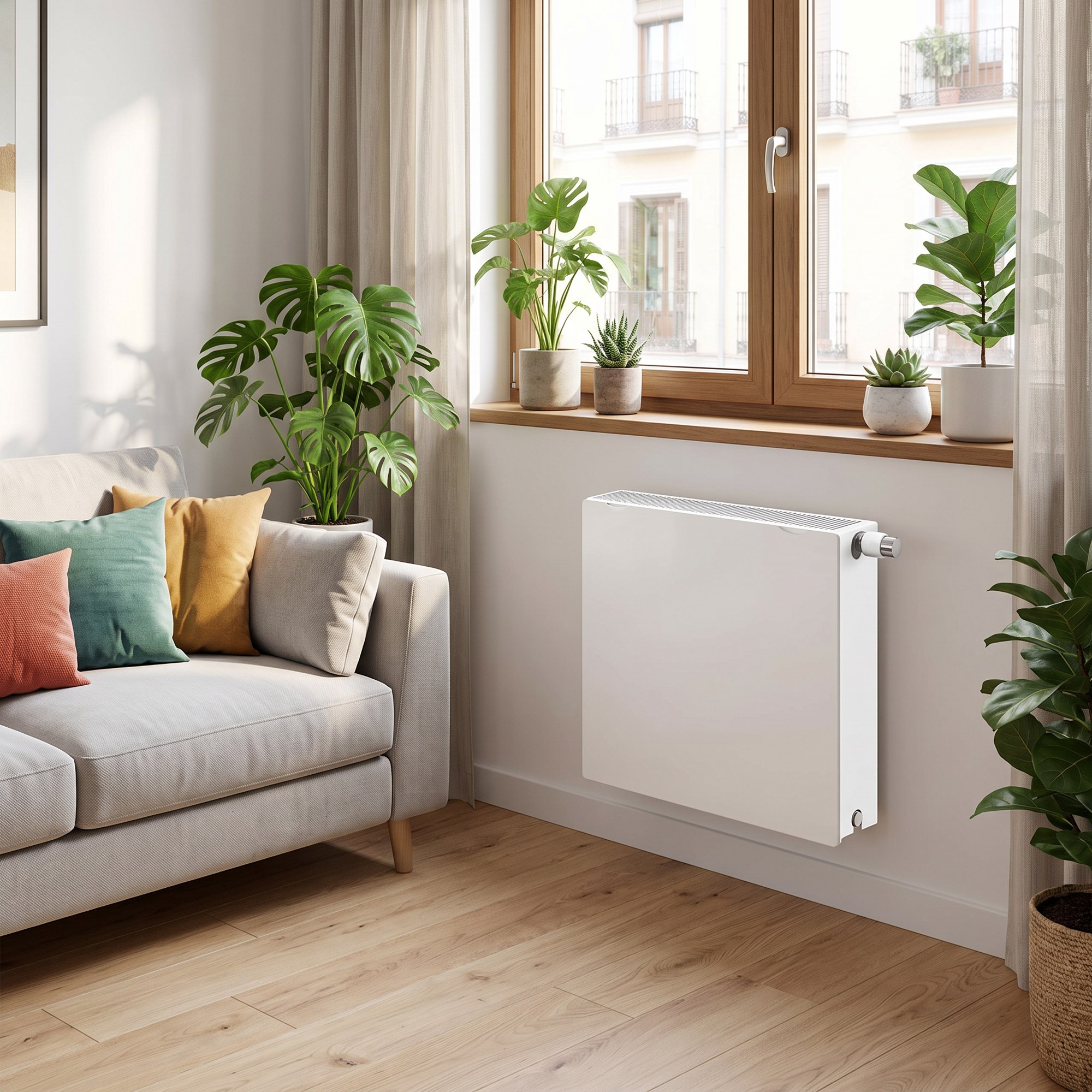 Radiador agua Silicium DK11 H2O 500 w 50x50x8 cm tecnología Dual kherr 1 Radiador de agua Silicium H2O cuadrado de 50x50 cm con acabado Blanco Quartz, instalado en la pared de una vivienda