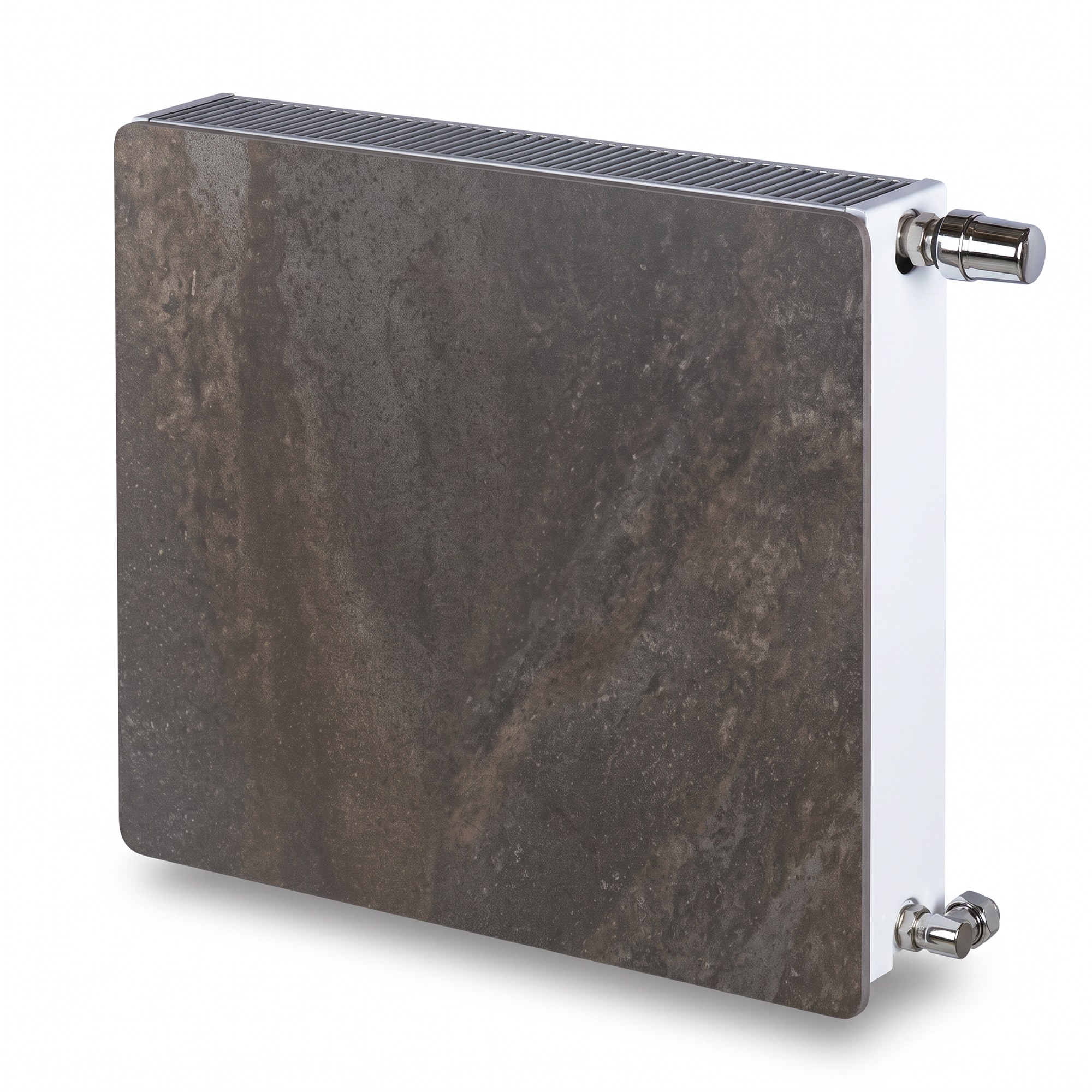 Radiador agua Silicium DK11 H2O 500 w 50x50x8 cm tecnología Dual kherr 8 Radiador de agua Silicium H2O cuadrado de 50x50 cm con acabado Caliza Tierra, sobre fondo blanco