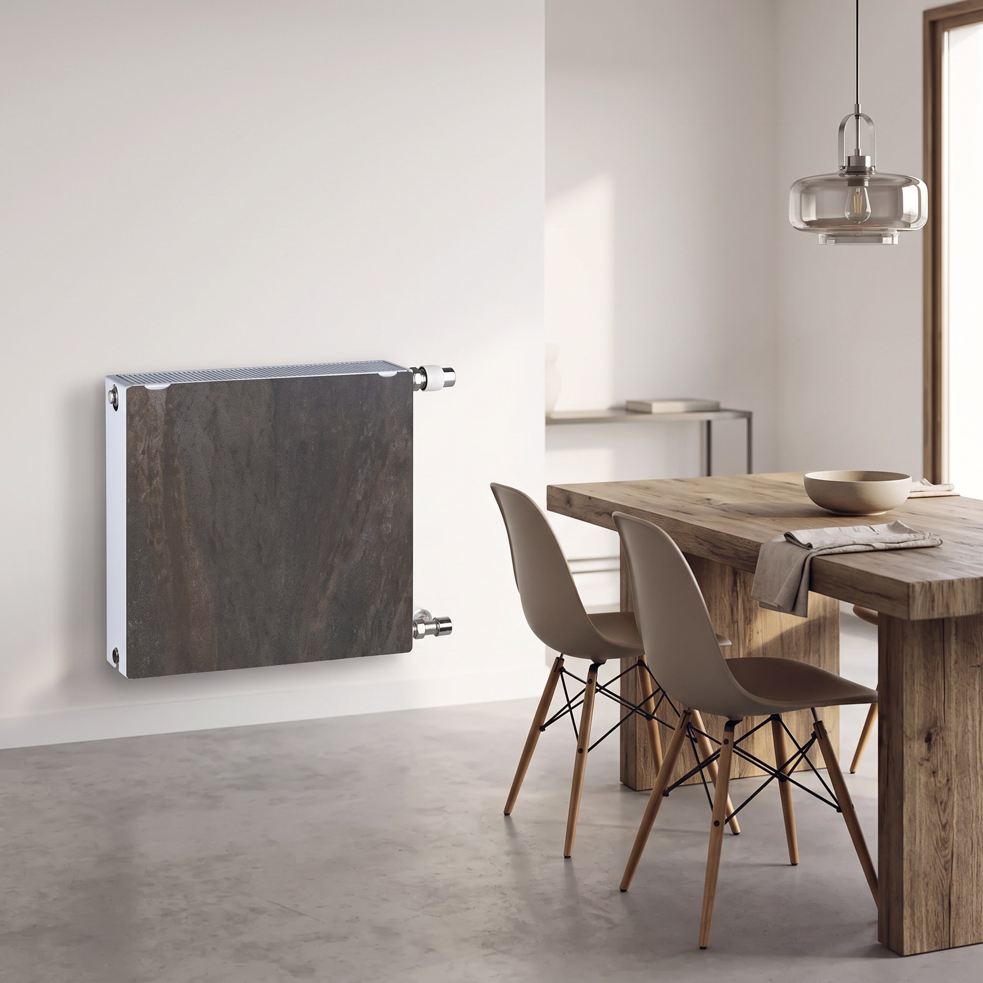 Radiador agua Silicium DK11 H2O 500 w 50x50x8 cm tecnología Dual kherr 5 Radiador de agua Silicium H2O cuadrado de 50x50 cm con acabado Dark Natura, instalado en la pared de una vivienda
