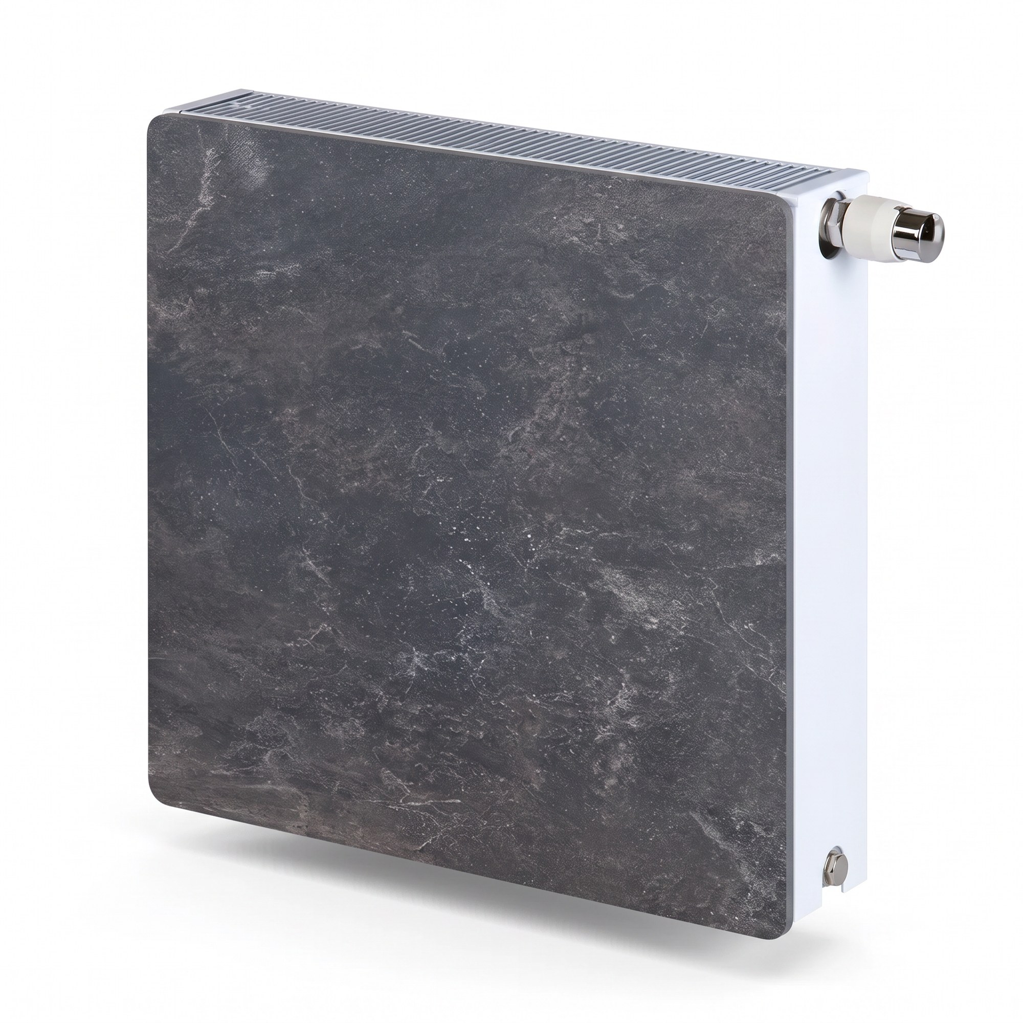 Radiador agua Silicium DK11 H2O 500 w 50x50x8 cm tecnología Dual kherr 6 Radiador de agua Silicium H2O cuadrado de 50x50 cm con acabado Dark Natura, sobre fondo blanco